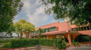 ein großes rosafarbenes Gebäude mit Bäumen davor in der Unterkunft Wangtai Hotel in Surat Thani