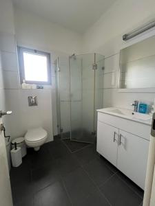 een badkamer met een toilet, een wastafel en een douche bij Your Next Premium Stay In Ashdod in Ashdod +6 foto's