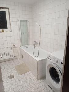 een badkamer met een bad en een wasmachine bij KaTi Hiša 