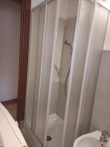 una doccia in un bagno con wc e lavandino di Grazioso appartamento con giardino e posto auto a Belluno