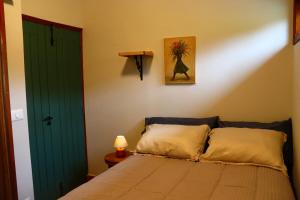a bedroom with a bed and a green door at Aura dos Ipês in Paraisópolis