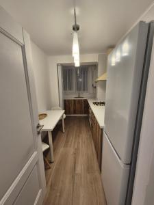 una cucina con un frigorifero bianco e un tavolo di Alpasio Rentals 3 a Galaţi Altre 5 foto