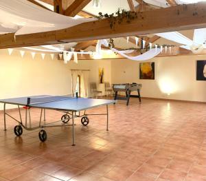 een tafeltennistafel in een grote kamer met een tafel bij Le Castillou in Luc-sur-Aude