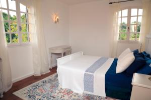 a bedroom with a blue and white bed and two windows at Pure Gardères in Monlezun +125 photos