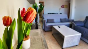 Ein Wohnzimmer mit zwei roten Tulpen in einer Vase in der Unterkunft Apartalux Star Magic II in Águilas + 24 Fotos