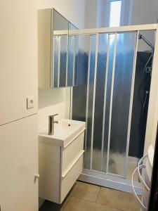 een badkamer met een wastafel en een douche bij La Villa Madeleine in Jausiers +5 foto's