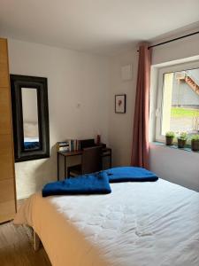 a bedroom with a large bed with a window at Naturerlebnis direkt am Traumpfad in Andernach