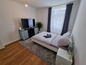 a bedroom with a bed and a large window at Süße Marie 4 in Karlsruhe