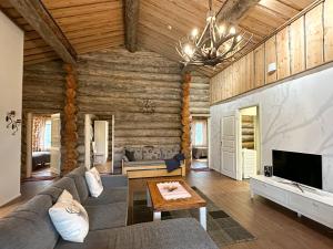 ein Wohnzimmer mit Sofa und Fernseher in der Unterkunft Napapiirin Järvilomat in Rovaniemi