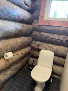 ein Badezimmer mit Toilette in einer Blockwand in der Unterkunft Napapiirin Järvilomat in Rovaniemi + 88 Fotos