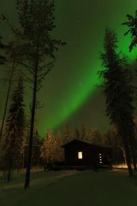 Eine Hütte mit der Aurora im Himmel in der Unterkunft Napapiirin Järvilomat in Rovaniemi