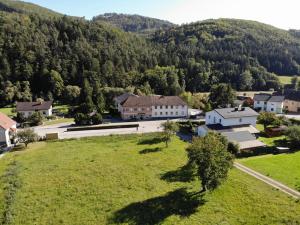 an aerial view of a small village in the mountains at Kremstalhof in Gföhl