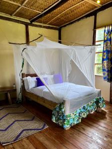 - un lit avec moustiquaire dans l'établissement Migogo Gorilla Lodge, à Rubuguli