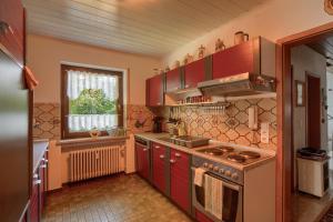 a kitchen with red cabinets and a stove at Ferienwohnung in Lichtenfels mit 125 Quadratmeter in Lichtenfels