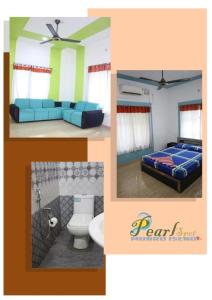 een collage van foto's van een slaapkamer en een bed bij PEARL SPOT Munroe Serviced Villa in Munroe Island