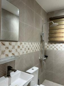 a bathroom with a shower and a toilet and a sink at Adelpha 101 in Accra
