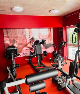 een vrouw in een sportschool met een spiegel bij Ivory (car) loft / Carloft in Neuwied