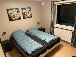 a bedroom with a bed and a large window at Skovbrynets guesthouse in Herning