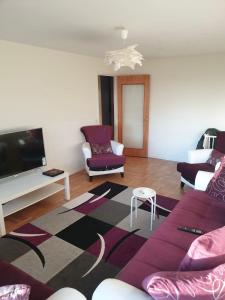 a living room with a couch and a tv at Fritidslägenhet Hyltebruk in Hyltebruk