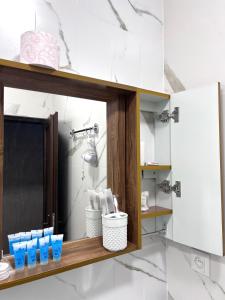 ein Badezimmer mit einem Regal, auf dem blaue Brillen stehen in der Unterkunft Marias home in Kutaissi + 20 Fotos