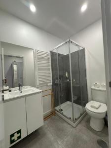 a bathroom with a shower and a toilet and a sink at DDM Studio - O paraíso do Sítio da Nazaré in Nazaré +124 photos