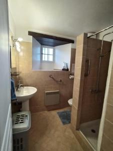 een badkamer met een douche, een toilet en een wastafel bij Gîtes du Château de Meux in Meux