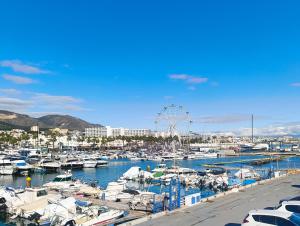 un gruppo di barche in un porto turistico con una ruota panoramica di B&F Paloma a Benalmádena