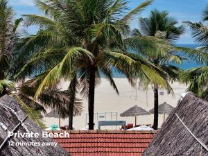 a beach with palm trees and a volley ball court at Eco Hotel Hoi An in Hoi An