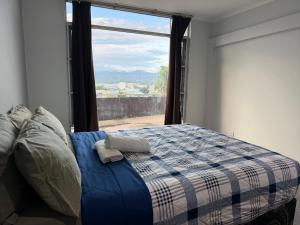 a bedroom with a bed and a large window at SBs Apartment-1 in Suva