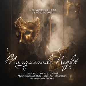 a poster for a masquerade night with a gold mask at Il Decameron Luxury Design Hotel in Odesa