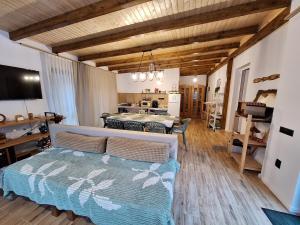 a living room with a bed and a dining room at Casa Delia in Balta