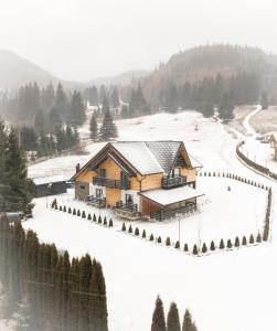 a wooden house in the snow with snow covered ground at Meștera 9 in Stînceni
