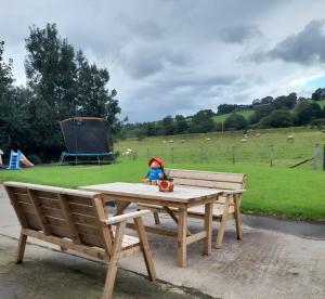 ein hölzerner Picknicktisch mit einem Stofftier darauf in der Unterkunft The Farmhouse in Moyle