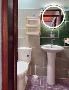 a bathroom with a toilet and a sink and a mirror at Hotel Carmen Costa Coral in Tambor +47 photos
