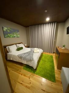 a bedroom with a bed and a green rug at Chalé de montanha com Lareira in Vieira do Minho
