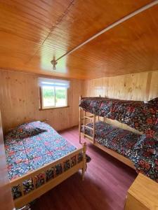 a bedroom with two beds in a wooden cabin at Cabañas Mocopulli in Dalcahue