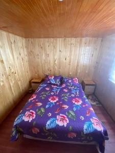a bedroom with a bed in a wooden room at Cabañas Mocopulli in Dalcahue