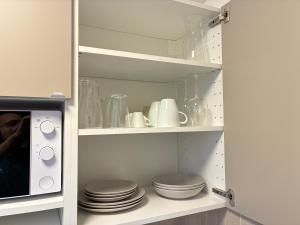 a kitchen with a cupboard with plates and a microwave at Studio number 9 in Pantin