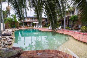 a swimming pool with a palm tree next to a building at The Galaxy Motel in Gosford