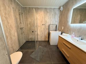 a bathroom with a shower and a sink at Finnvika panorama Cabin 2 in Vestvågøya