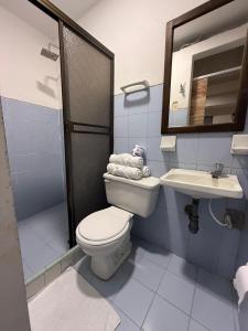 een blauwe en witte badkamer met een toilet en een wastafel bij Ayenda Marana in Manizales