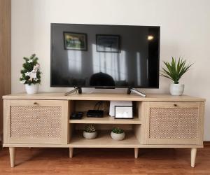 a television on a wooden entertainment center with potted plants at Apartmán v centre Donovaly s garážou in Donovaly