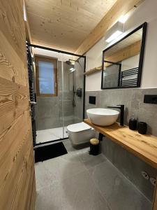 ein Badezimmer mit Waschbecken, Toilette und Dusche in der Unterkunft Maison ValGià in Champoluc