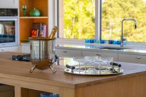 a bottle of champagne in a blender on a kitchen counter at Architectural Gem Between Risør And Kragerø in Søndeled