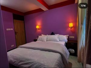 a bedroom with purple walls and a large bed at Tashidelk homestay in Darjeeling