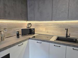 a kitchen with a sink and a microwave at Moda Apartments 47 in Sestriere