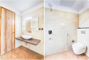 twee foto's van een badkamer met toilet en wastafel bij Staylo master Inn Near Max Hospital in Lucknow +44 foto's