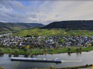 a barge on a river in a small town at Apartment FEWO Veilchen by Interhome in Ernst