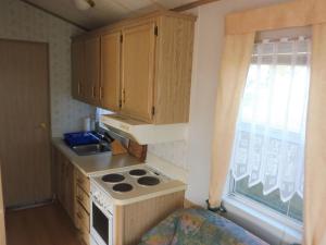 a kitchen with a stove and a sink and a window at Holiday Home mit Pool by Interhome in Radewege