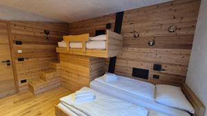 twee bedden in een kamer met houten wanden bij La Trementina Apartment & Spa in Dimaro